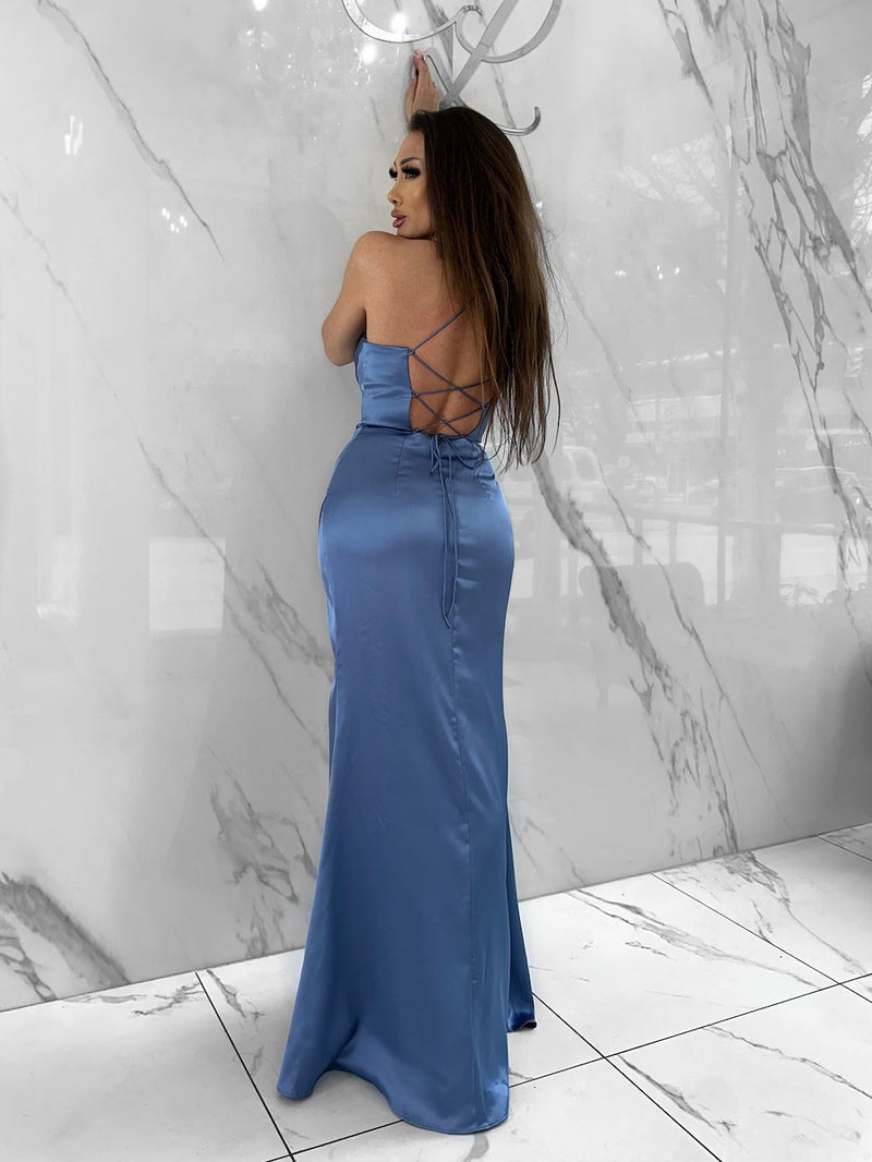anyone but you blue silk dress Sydney Sweeney Anyone But You Dress