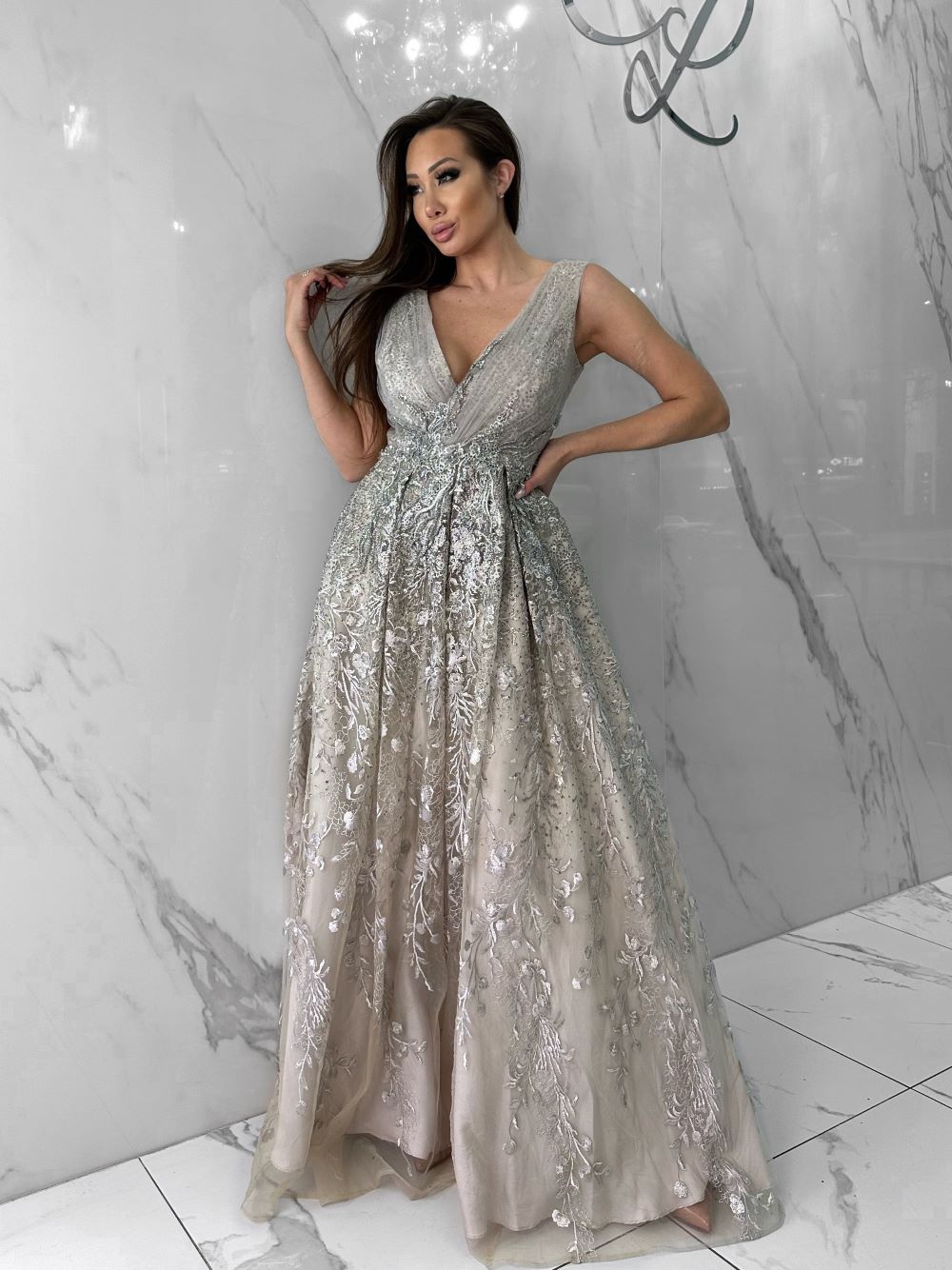 gray white dress LONG AND WITH NECKLINE Grey is a premier silhouette from our exclusive La Barca collection All That Matters Dress, Women's